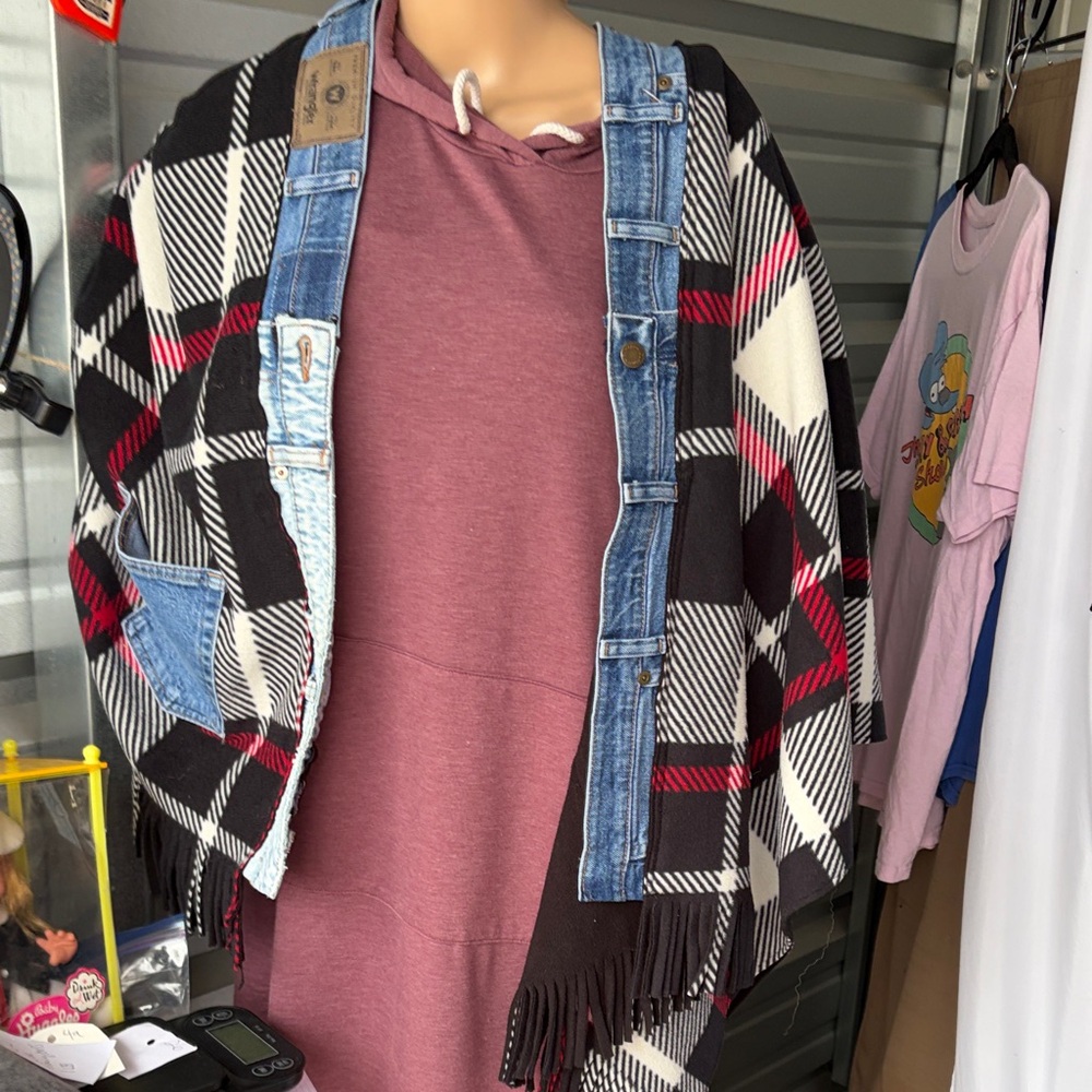 Plaid Fringe Poncho Jean-Trim Jacket - Black, White & Red